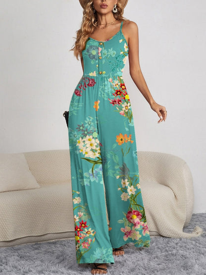 Decorative Button Spaghetti Strap Wide Leg Jumpsuit - More Prints! - In Style Chics Boutique LLC