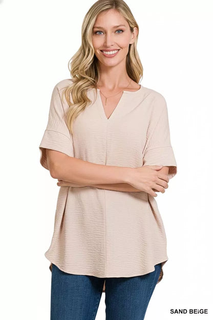 Zenana Woven Airflow Split Neck Short Sleeve Top in Sand Beige for Women 