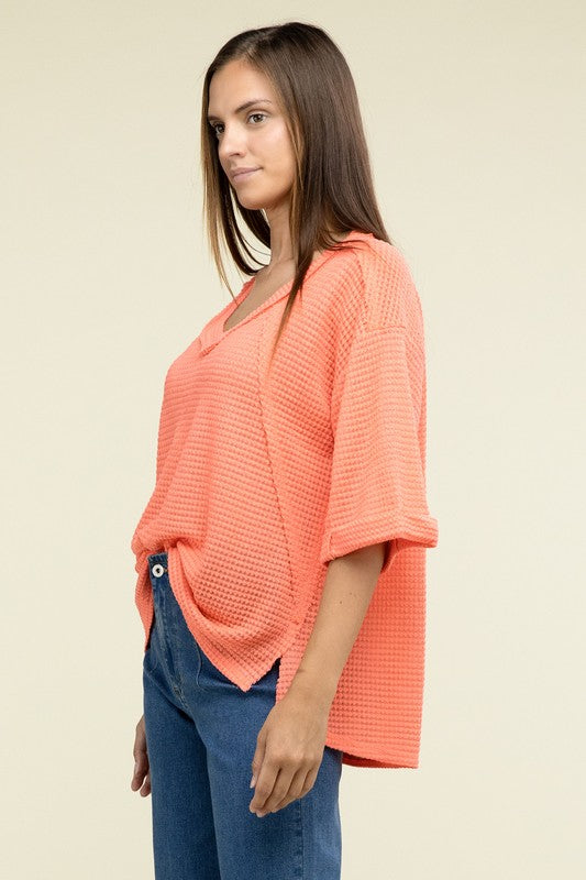Brushed Waffle Exposed-Seam 3/4 Sleeve Top - In Style Chics Boutique LLC
