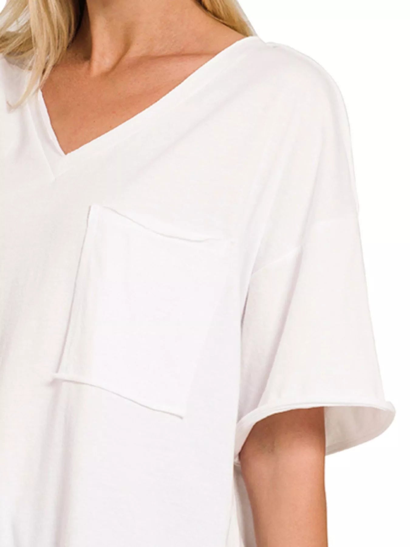 White Boyfriend Tee, Front Pocket Raw Edge  at In Style Chics Boutique 
