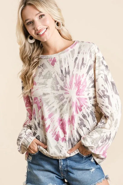 Tie Dye Print Long Sleeve Terry Pull Over at In Style Chics Boutique 