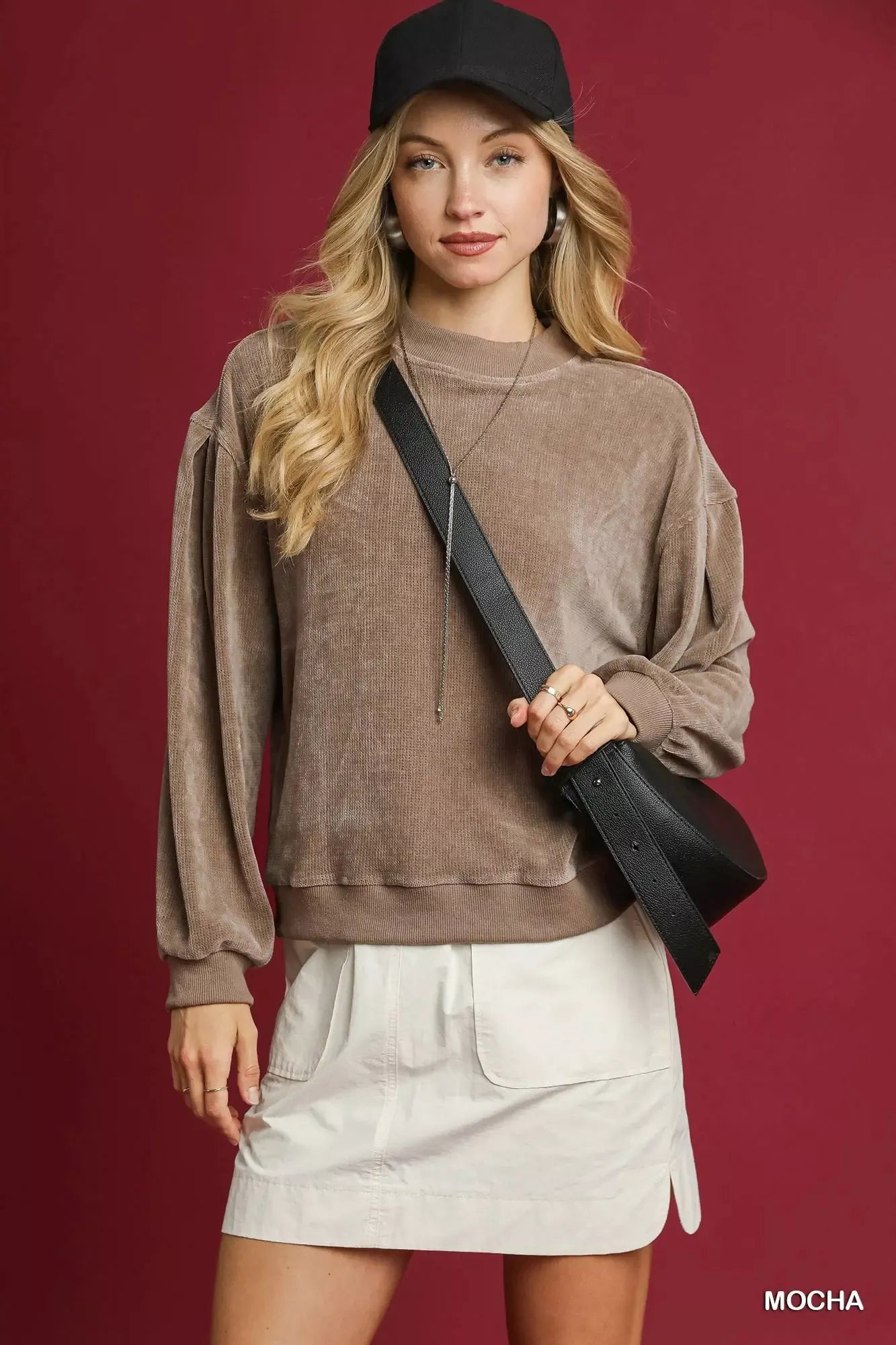 Velour Sweatshirt, Crewneck Balloon Sleeve  at In Style Chics Boutique 