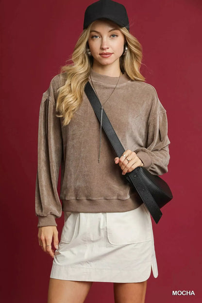 Velour Sweatshirt, Crewneck Balloon Sleeve  at In Style Chics Boutique 