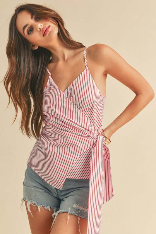 Aemi + Co Side Knotted Surplice Striped Cami - Cute Clothes Online - In Style Chics Boutique Women's Juniors Apparel