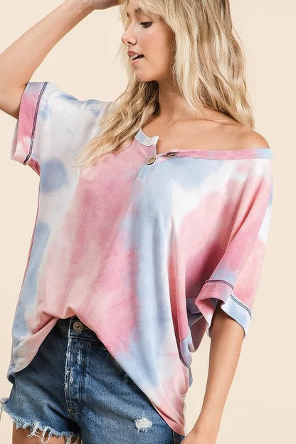 Tie Dye French Terry Top With Buttoned Placket - In Style Chics Boutique 