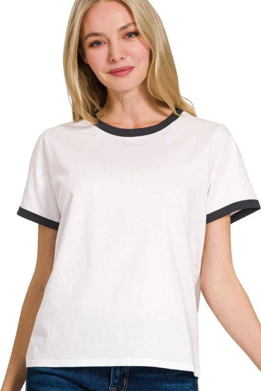 Short Sleeve Tee Shirt, White Black Contrast Binding - In Style Chics Boutique 