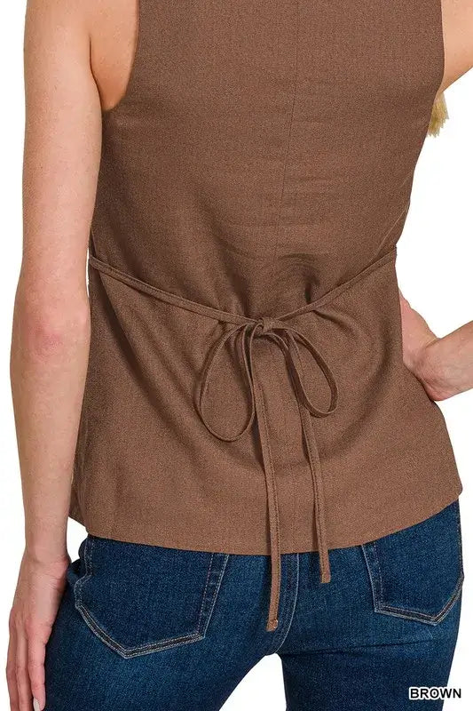 Linen Tie-back 4-button Vest with Lining - Cute Clothes for Summer - In Style Chics Boutique Women's Juniors Apparel Online 