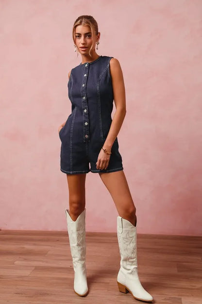 Washed Denim Sleeveless Romper Button Up Front - In Style Chics Boutique