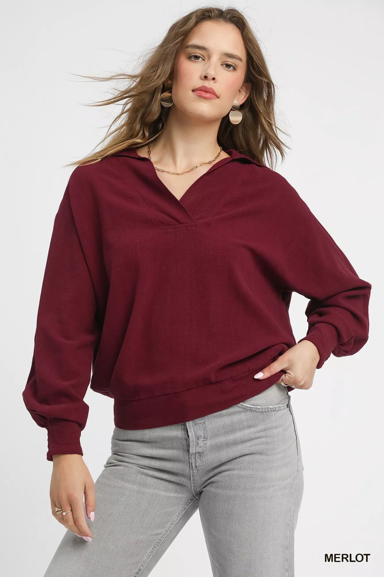 Linen Long Sleeves Elastic Hem Blouse in Merlot at In Style Chics Boutique 