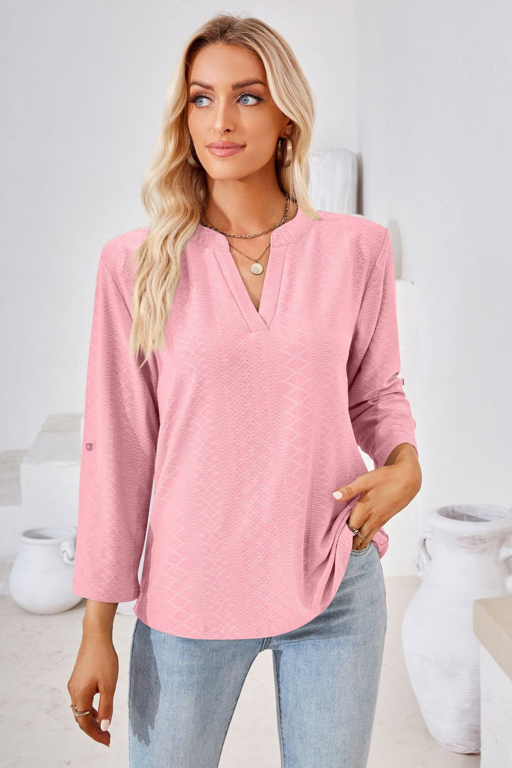 V-Neck Roll-Tap Sleeve Blouse - In Style Chics Boutique LLC