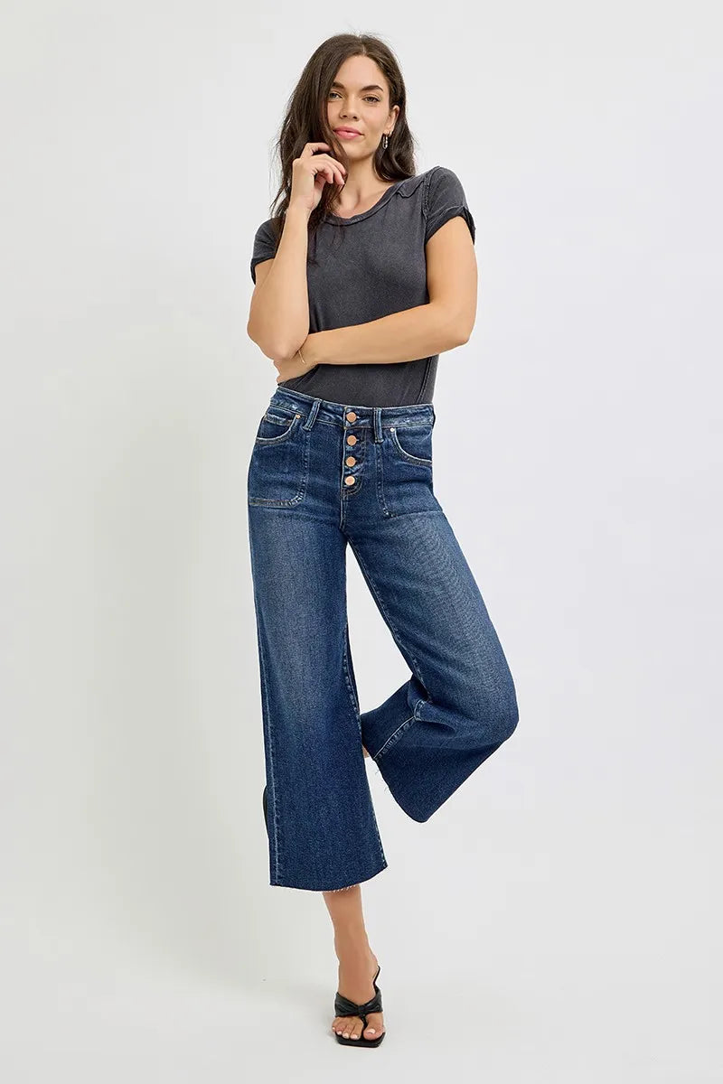 RISEN Cropped Jeans High Rise Wide Leg Button Up - In Style Chics Boutique 