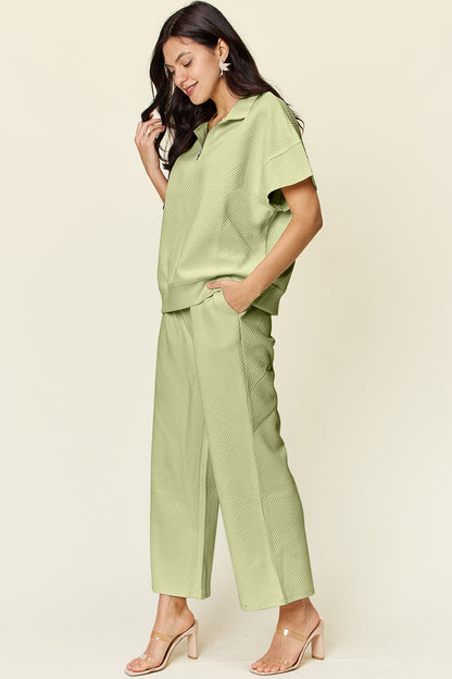 Double Take Texture Half Zip Short Sleeve Top & Pants Set- More Colors! - In Style Chics Boutique LLC