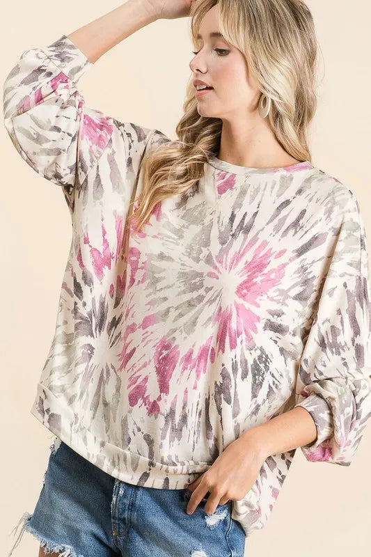 Tie Dye Print Long Sleeve Terry Pull Over at In Style Chics Boutique 