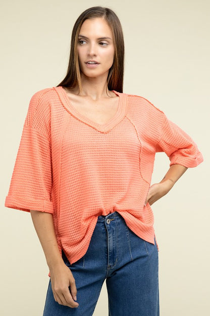 Brushed Waffle Exposed-Seam 3/4 Sleeve Top - In Style Chics Boutique LLC