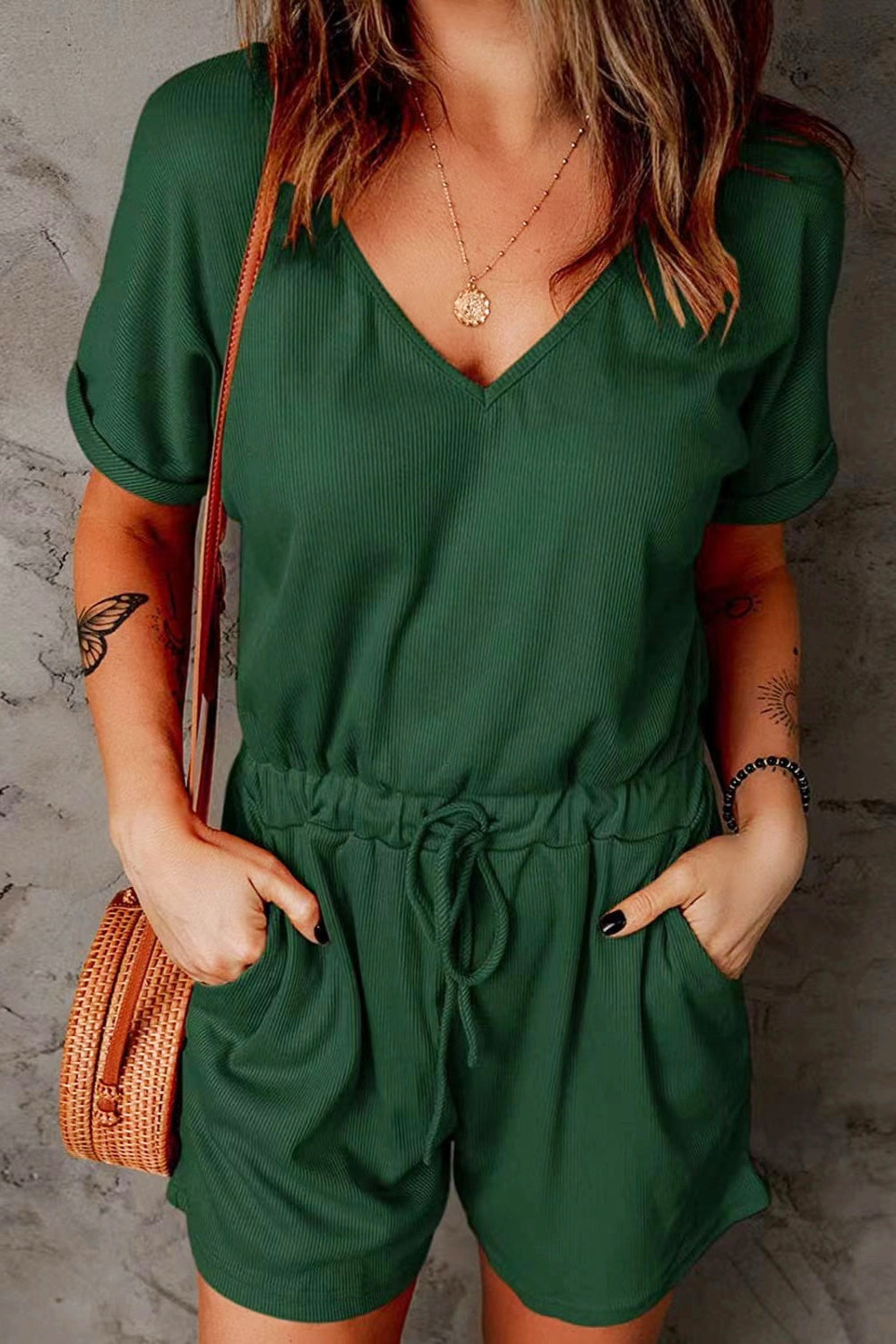 Full Size Drawstring V-Neck Short Sleeve Romper - More Colors! - In Style Chics Boutique LLC
