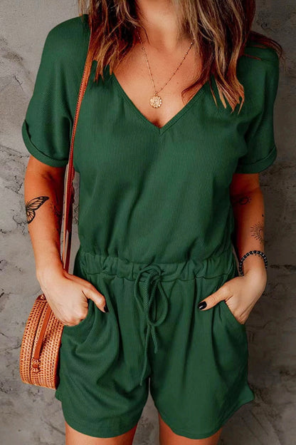 Full Size Drawstring V-Neck Short Sleeve Romper - More Colors! - In Style Chics Boutique LLC