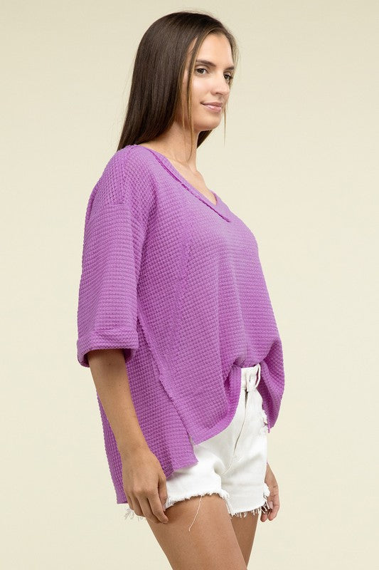 Brushed Waffle Exposed-Seam 3/4 Sleeve Top - In Style Chics Boutique LLC