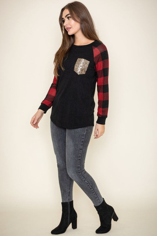 Checker Sleeve Sequin Pocket Tunic - In Style Chics Boutique LLC