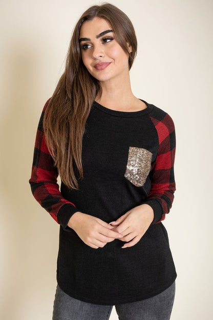 Checker Sleeve Sequin Pocket Tunic - In Style Chics Boutique LLC