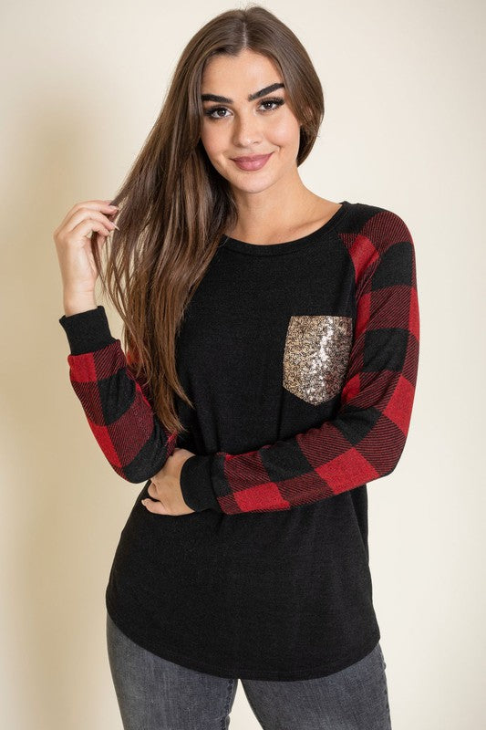 Checker Sleeve Sequin Pocket Tunic - In Style Chics Boutique LLC