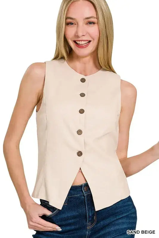 Linen Button Down Vest - Sand Beige - In Style Chics Boutique Women's Juniors Fashion Style Online 