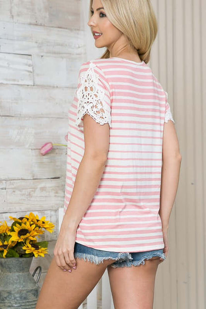 Cluny Lace Patch Sleeve Stripe Top - LuLaRoe Alternative - In Style Chics Boutique Women's Juniors Apparel Clothes Made in USA Online 