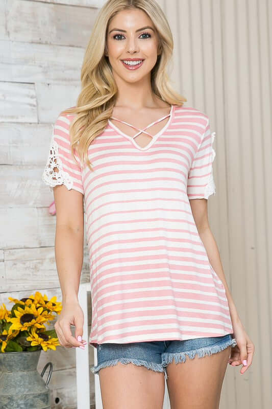 Cluny Lace Patch Sleeve Stripe Top - LuLaRoe Alternative - In Style Chics Boutique Women's Juniors Apparel - Clothes Made in USA Online 