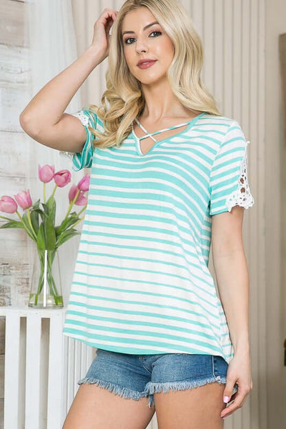 Cluny Lace Patch Sleeve Stripe Top - LuLaRoe Alternative - In Style Chics Boutique Women's Juniors Apparel Online Made in the USA 