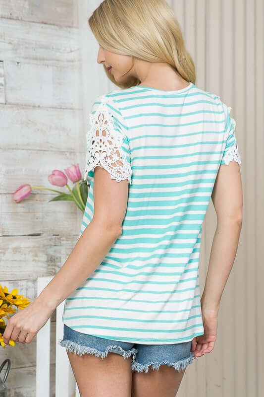 Cluny Lace Patch Sleeve Stripe Top - LuLaRoe Alternative - In Style Chics Boutique Women's Juniors Apparel Online Made in the USA 