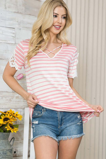 Cluny Lace Patch Sleeve Stripe Top - LuLaRoe Alternative - In Style Chics Boutique Women's Juniors Apparel Clothes Made in USA Online 