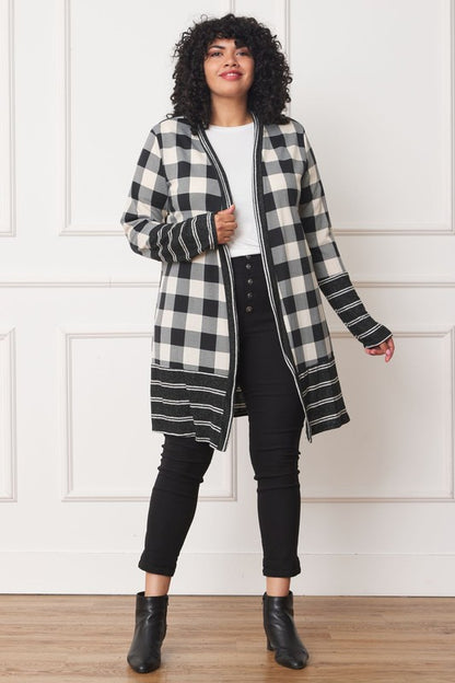 Long Buffalo Plaid Stripe Trim Open Cardigan - In Style Chics Boutique LLC