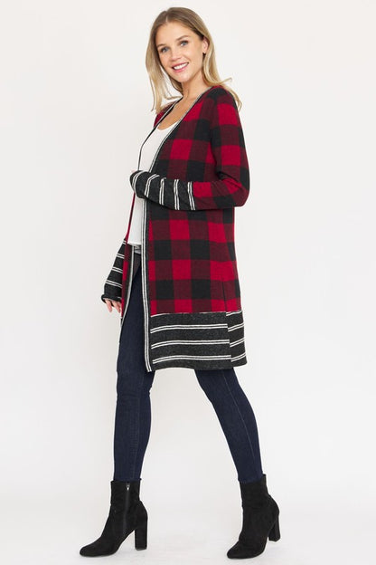 Long Buffalo Plaid Stripe Trim Open Cardigan - In Style Chics Boutique LLC