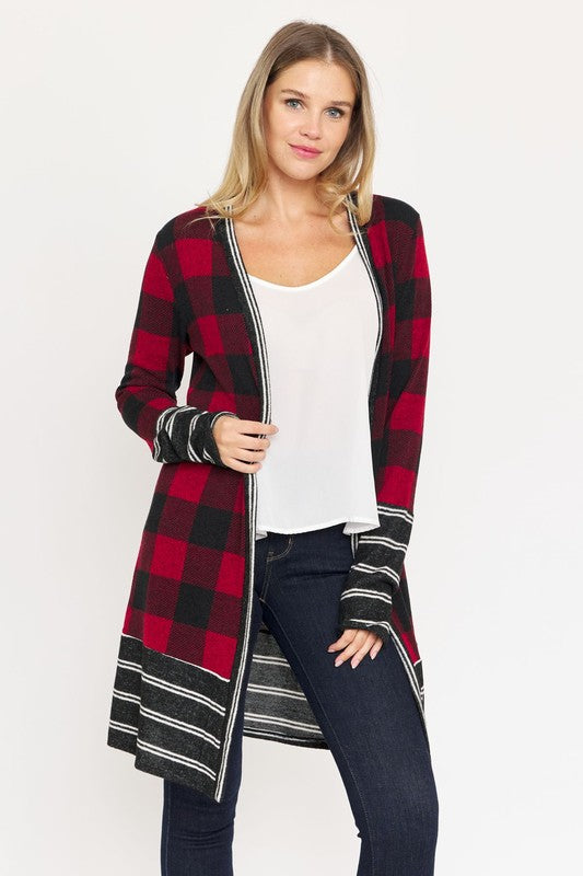 Long Buffalo Plaid Stripe Trim Open Cardigan - In Style Chics Boutique LLC