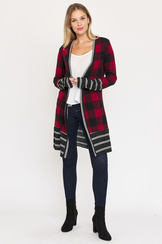 Long Buffalo Plaid Stripe Trim Open Cardigan - In Style Chics Boutique LLC