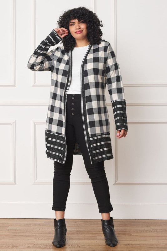 Long Buffalo Plaid Stripe Trim Open Cardigan - In Style Chics Boutique LLC