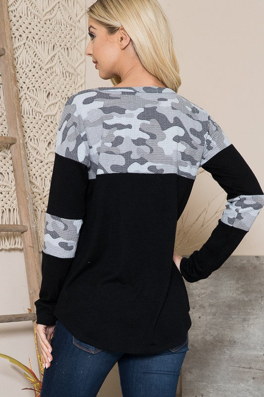 Shop Camouflage Contrast Knit Sweater Made in the USA at In Style Chics Boutique 