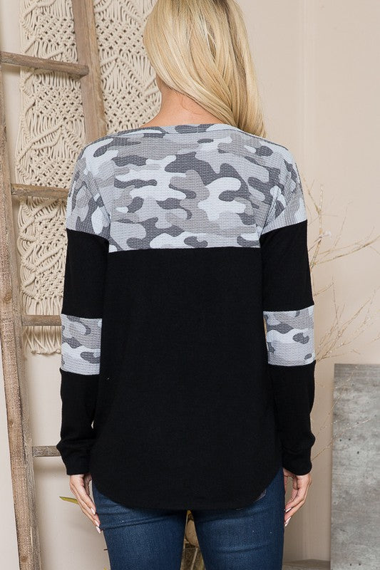 Shop Camouflage Contrast Knit Sweater Made in the USA at In Style Chics Boutique 