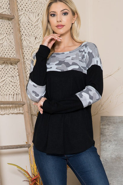 Shop Camouflage Contrast Knit Sweater Made in the USA at In Style Chics Boutique 