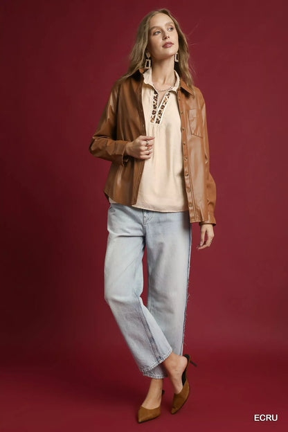 Long Sleeve Blouse with Leopard Print Trim at In Style Chics Boutique 