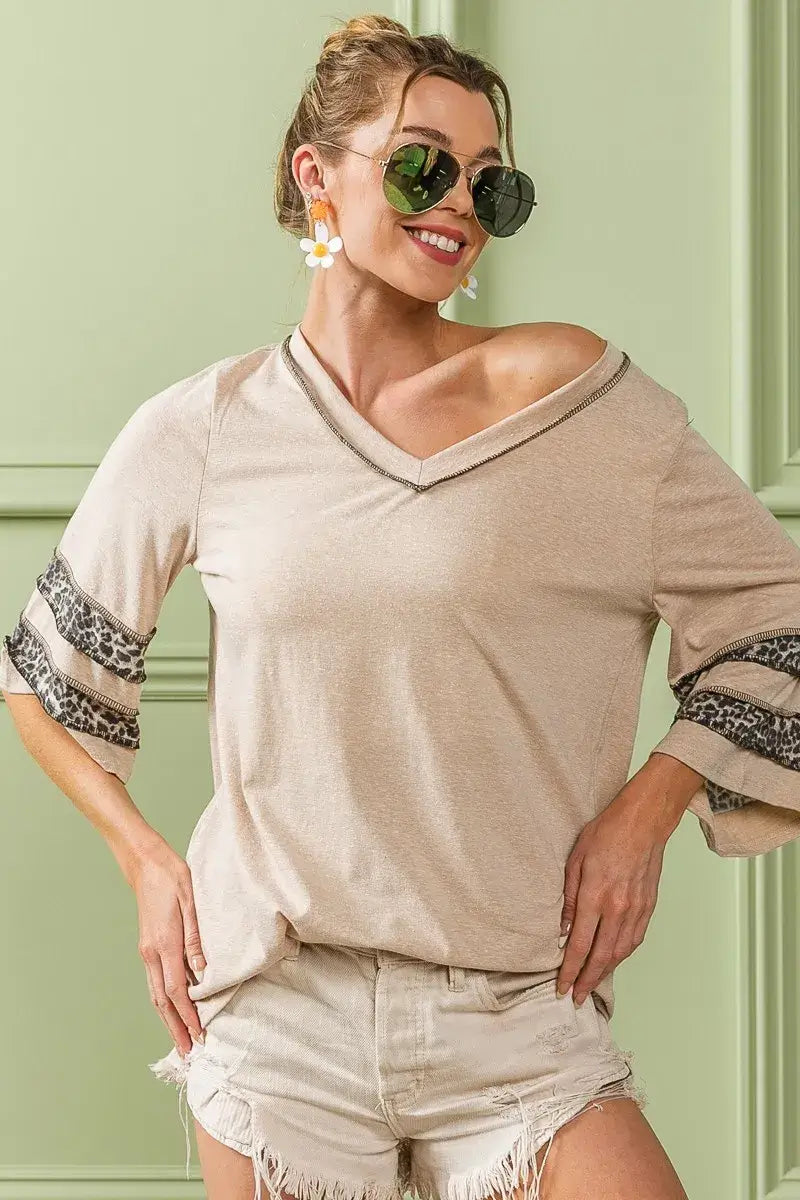 Triblend Knit Top with Leopard Band Detail