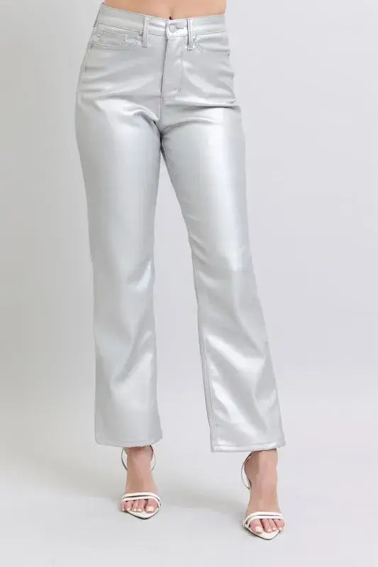 Judy Blue High Waist Silver Faux Leather Pants - In Style Chics Boutique Women's Juniors Plus Size Apparel Online 