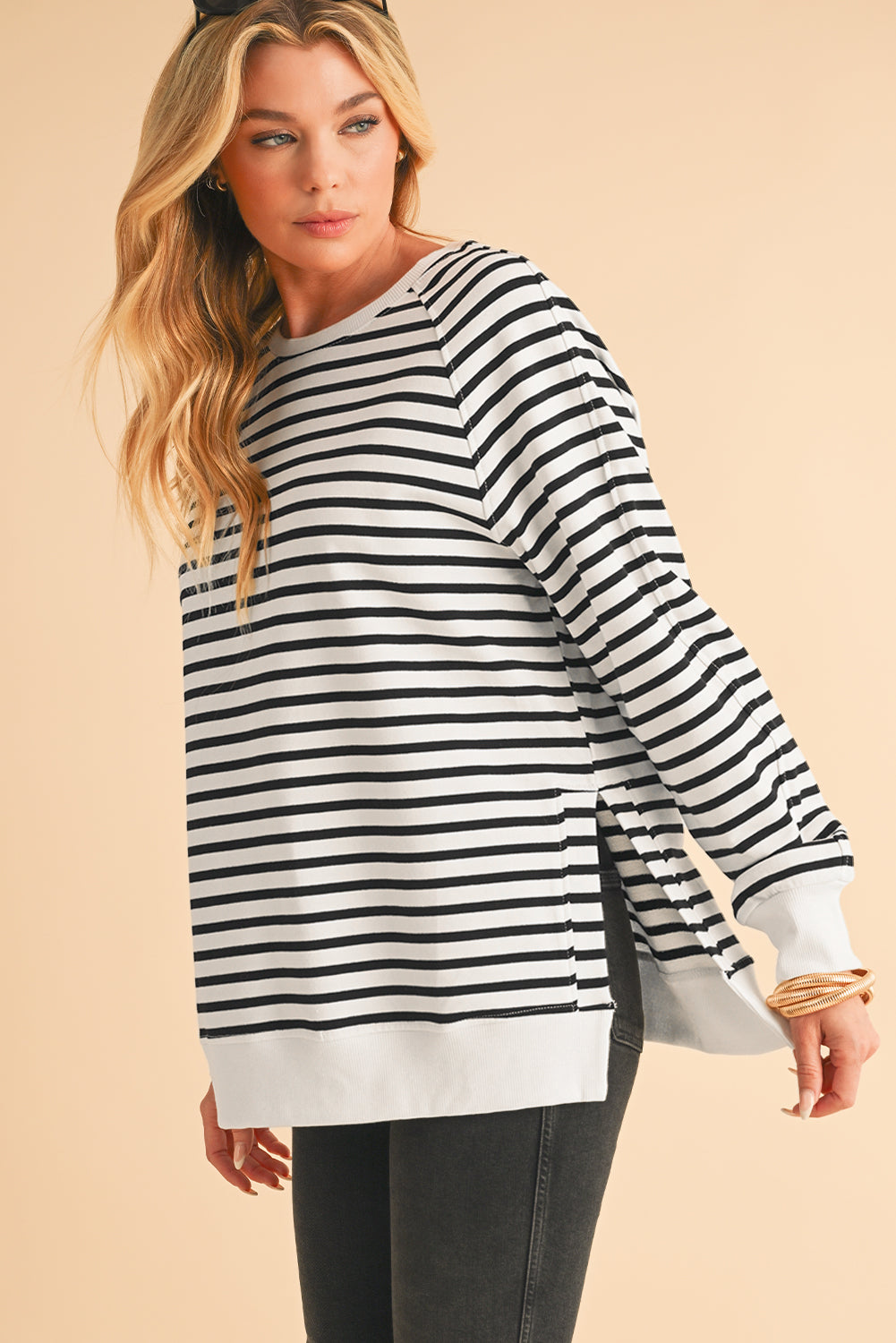 Black Stripe Raglan Sleeve Loose Split Sweatshirt - In Style Chics Boutique LLC