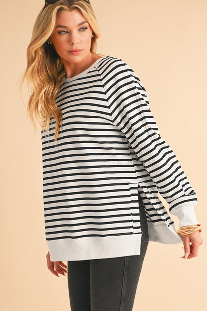 Black Stripe Raglan Sleeve Loose Split Sweatshirt - In Style Chics Boutique LLC