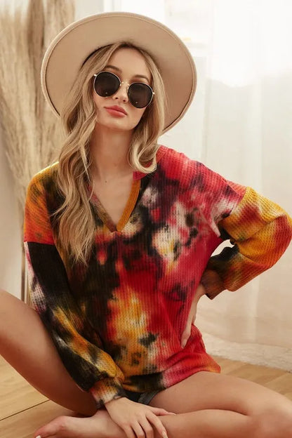 BiBi Tie Dye Brushed Waffle Top With Bubble Sleeves
