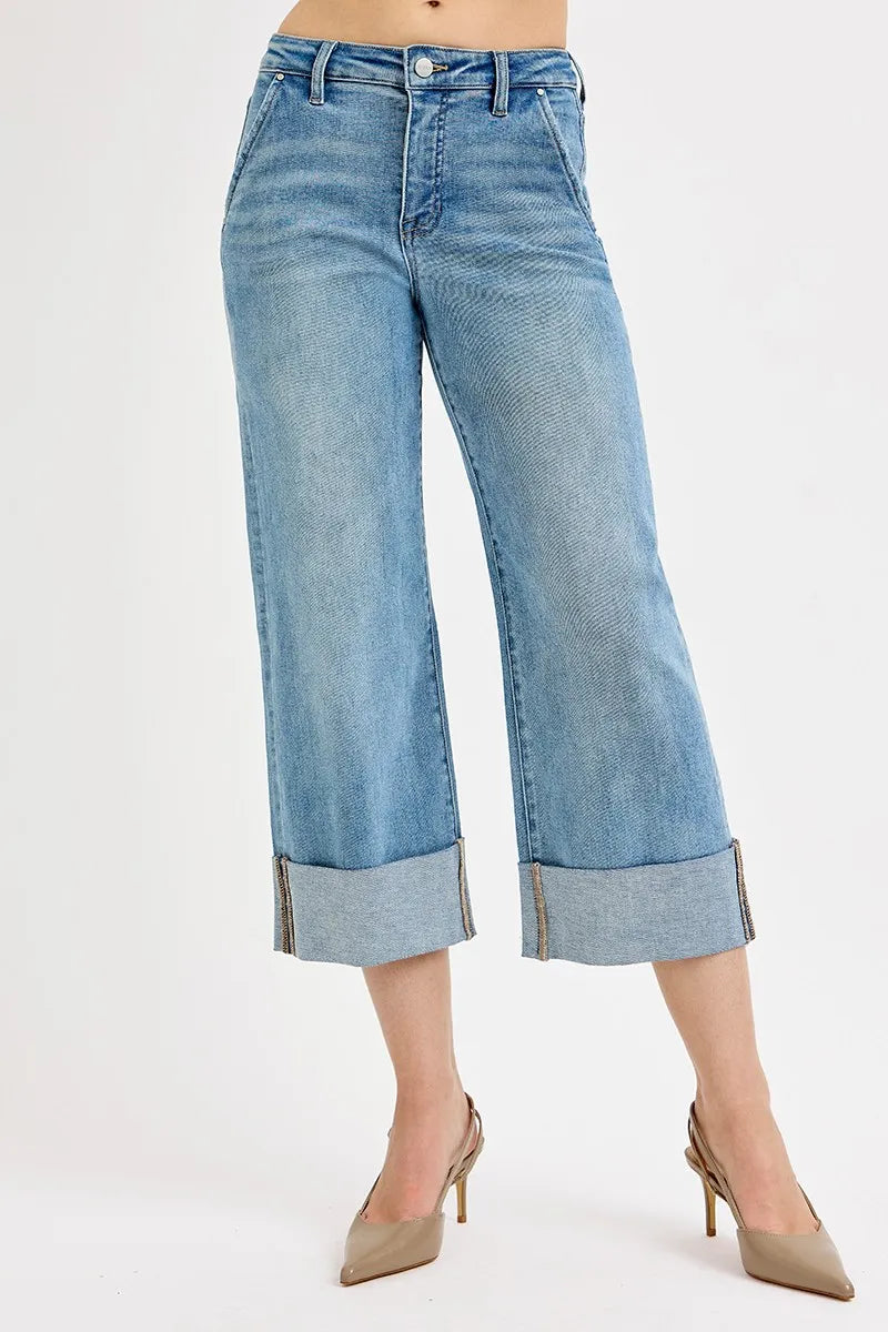 Tummy Control High Rise Ankle Wide Cuffed Jeans at In Style Chics Boutique 