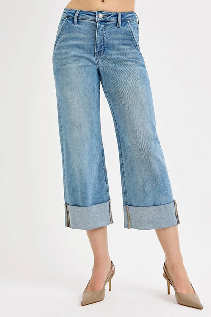 Tummy Control High Rise Ankle Wide Cuffed Jeans at In Style Chics Boutique 