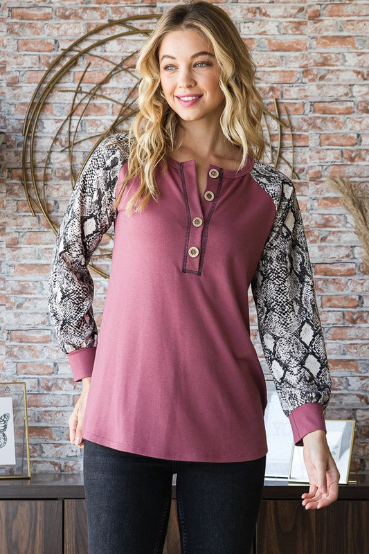 Heimish Full Size Snakeskin Print Raglan Sleeve Half Button Top - In Style Chics Boutique LLC