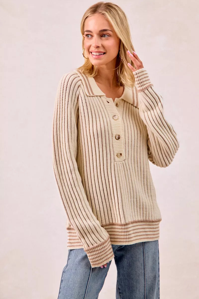 Half Button Ribbed Two Tone Sweater at In Style Chics Boutique 