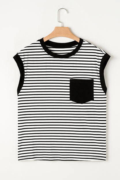 Black Stripe Chest Pocket Patch Round Neck Sleeveless Tee - Cute Clothes for Spring Summer - In Style Chics Boutique Women's Juniors Apparel Online 