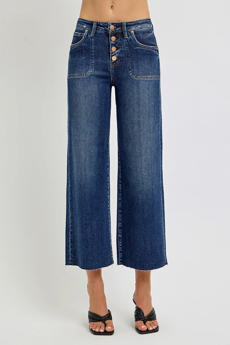 RISEN Cropped Jeans High Rise Wide Leg Button Up - In Style Chics Boutique 